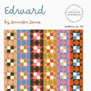 May include: Quilt pattern called "Edward" by Jennifer Jones. The pattern features a colorful patchwork design with a variety of geometric shapes, including squares, stars, and diamonds. The pattern is available in three sizes: toddler, throws, and beds.
