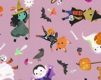 May include: A pink background with a repeating pattern of Halloween characters. There are witches, ghosts, vampires, skeletons, bats, and pumpkins. The characters are all wearing costumes and holding props.