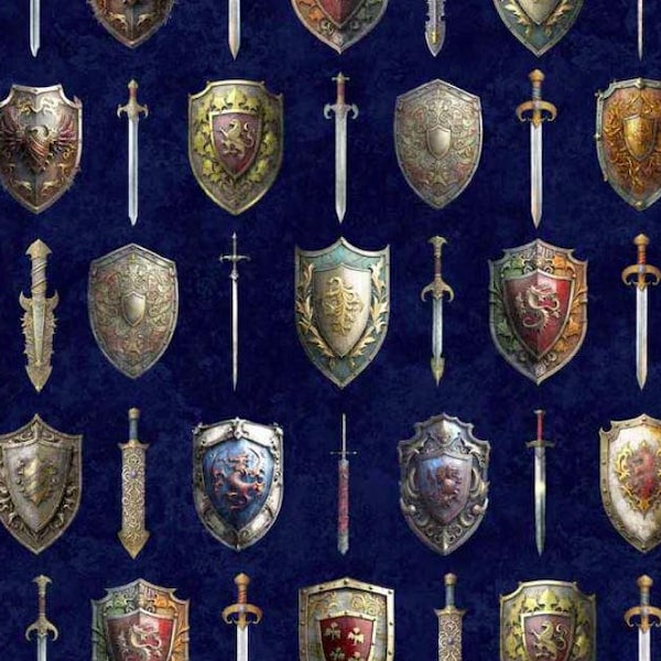 Quilting Treasures WIZARDS AND WARRIORS by Dan Morris Swords and Shields Navy