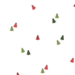 May include: A white background with a repeating pattern of small Christmas trees in red, green, and olive green. The trees are scattered across the surface, creating a festive and seasonal design.