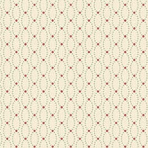 May include: A cream-colored fabric featuring a repeating pattern of vertical chains made of small, light green dots. Interspersed between these chains are vertical rows of solid, dark red dots that create a structured, geometric grid design.