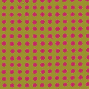 May include: An abstract pattern featuring a grid of evenly spaced, bright pink circles on a muted olive green background. The design has a slightly distressed, textured appearance, creating a vintage or handmade aesthetic.