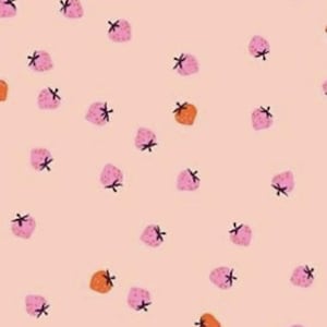 May include: A repeating pattern of pink and orange strawberries with black stems and leaves scattered on a light peach background. The strawberries are stylized with a simple, playful design, creating a cheerful and summery aesthetic.
