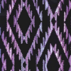 May include: Purple and blue ikat pattern fabric with a black background. The fabric is shown on a ruler with inches marked.