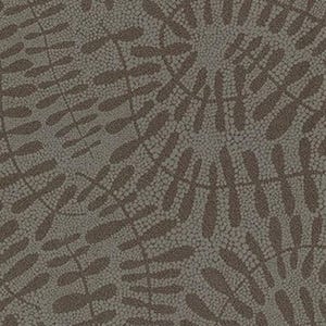 May include: A repeating pattern featuring a series of brown, leaf-like shapes radiating from a central point. The background is a muted gray-brown color, and the design is made up of small, dotted textures.