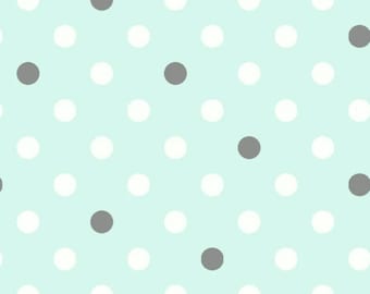 May include: A seamless pattern featuring white and gray polka dots evenly spaced on a light teal background. The dots are of uniform size and create a playful, repetitive design. This pattern is suitable for various applications.
