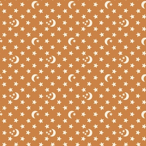 May include: A seamless pattern featuring white crescent moons and stars on a brown background.