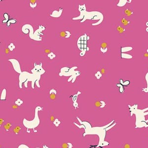 May include: A pink fabric with a white repeating pattern of various animals, including a fox, deer, squirrel, rabbit, goose, cat, turtle, and butterfly. The pattern is on a pink background with yellow accents.