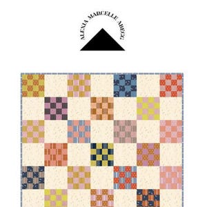 May include: A sixteen-patch quilt design featuring a grid of colorful squares. Each square contains a different pattern, including checks, stripes, and floral motifs in shades of pink, blue, yellow, and orange. The quilt is framed by a dotted border, with the text "Sixteen Patch Quilt" at the bottom.