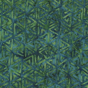 May include: Fabric with a repeating geometric pattern of interconnected triangles in shades of green and teal. The fabric has a textured appearance, with variations in color intensity creating depth and visual interest. The pattern is evenly distributed across the surface.