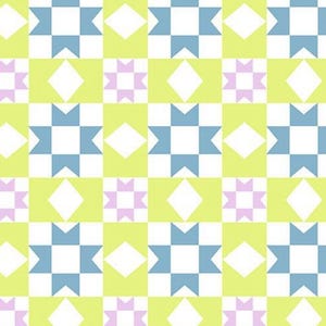 May include: A repeating pattern featuring geometric shapes in a grid. The design includes blue star-like figures, white diamonds, and small pink star-like shapes, set against a background of light green and white squares.