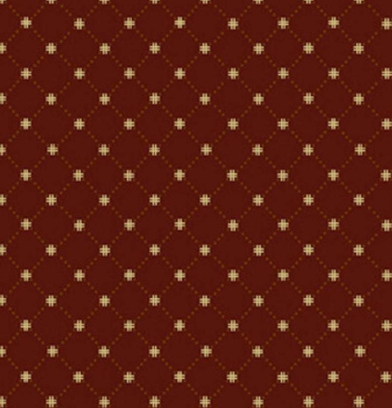 May include: A deep maroon fabric featuring a repeating geometric pattern of small, light beige cross-shaped icons arranged in a diamond grid. The pattern is formed by thin, dotted diagonal lines that intersect at each of the small beige crosses.