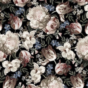 Pu&ograve; includere: Uno schema senza cuciture con una variet&agrave; di fiori bianchi, rosa e rossi su uno sfondo nero. I fiori includono rose, peonie e tulipani.
