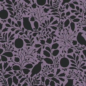 May include: A repeating pattern featuring black silhouettes of birds, leaves, and fruit on a muted purple background. The design includes various botanical elements, creating a nature-inspired aesthetic. The overall look is a dark, elegant, and detailed floral pattern.