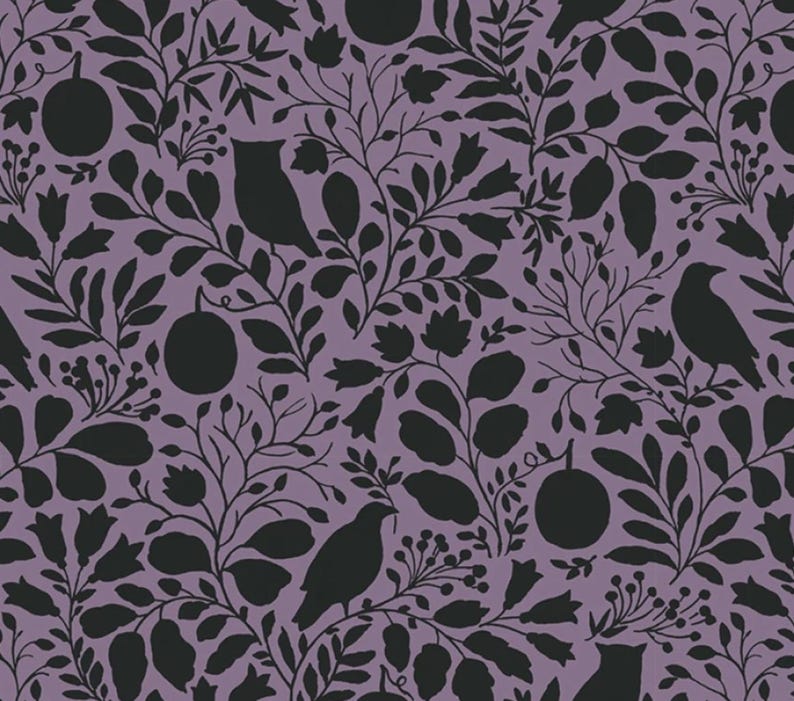 May include: A repeating pattern featuring black silhouettes of birds, leaves, and fruit on a muted purple background. The design includes various botanical elements, creating a nature-inspired aesthetic. The overall look is a dark, elegant, and detailed floral pattern.