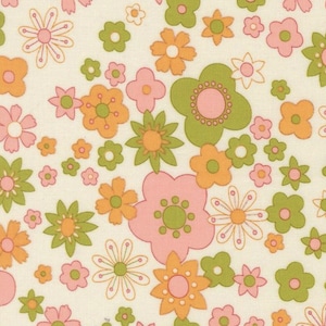 May include: A fabric with a repeating floral pattern. The flowers are in shades of pink, orange, and green, with white outlines and centers. The background is a cream color. The flowers vary in size and shape, creating a lively and cheerful design.