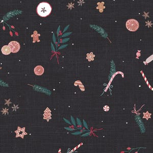 May include: A dark gray fabric with a repeating Christmas-themed pattern. The design includes gingerbread men, candy canes, star-shaped cookies, sprigs of greenery, and orange slices. Small white dots are scattered throughout the design.