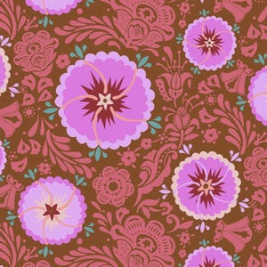 May include: A seamless pattern featuring a repeating design of pink and purple flowers with brown, pink, and teal accents on a brown background.