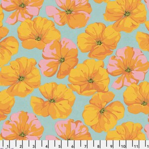 May include: A blue background with a repeating pattern of orange and pink flowers. The flowers have five petals and a yellow center.
