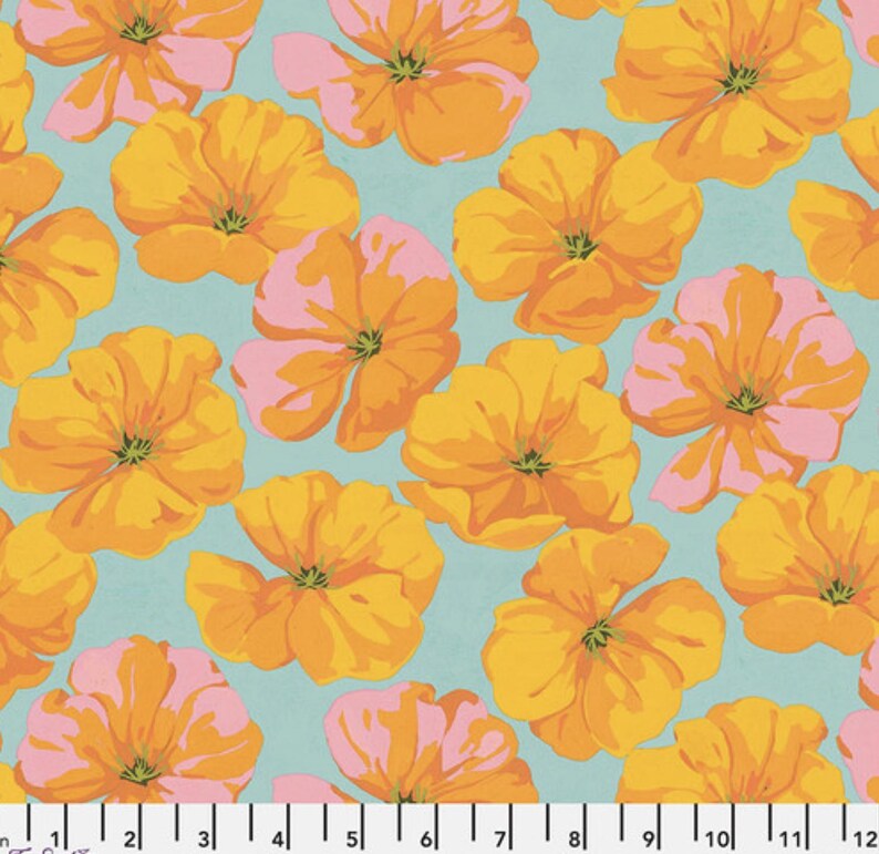 May include: A blue background with a repeating pattern of orange and pink flowers. The flowers have five petals and a yellow center.