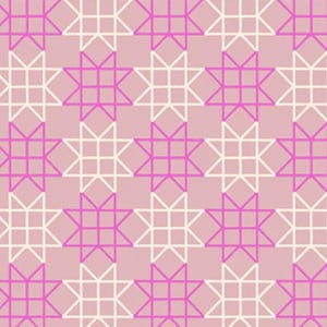 May include: A repeating pattern featuring geometric star-like shapes in white and magenta pink on a light pink background. The design is symmetrical and creates a visually appealing, textured effect, suitable for fabric or wallpaper.