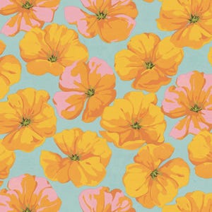 May include: A seamless pattern featuring orange and pink flowers on a light blue background. The flowers have five petals and a yellow center.