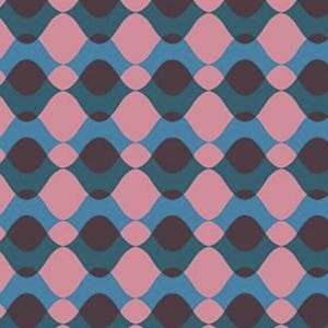 May include: A repeating pattern featuring a wave-like design in shades of pink, teal, blue, and brown. The pattern is symmetrical, with the wave shapes overlapping to create a visually interesting texture. The design is suitable for fabric or wallpaper.