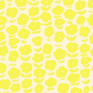 May include: A repeating pattern of yellow flowers with green stems and leaves on a cream background. The flowers are stylized with rounded petals, creating a cheerful and bright design. This floral pattern is suitable for various applications.