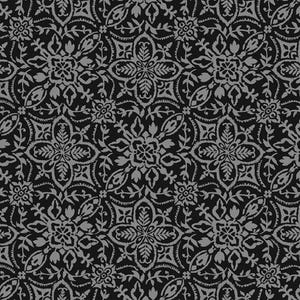 May include: A seamless pattern featuring a repeating floral design in shades of black and gray. The pattern has a symmetrical layout with stylized flowers and leaf motifs, creating a classic, ornate look. The design is suitable for textiles or wallpaper.