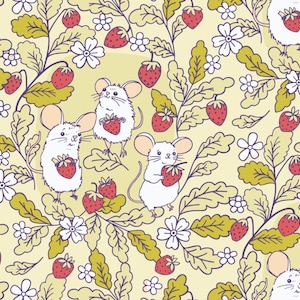 May include: A whimsical pattern featuring white mice holding red strawberries amidst green leaves, white flowers, and red strawberries on a pale yellow background. The design has a hand-drawn, illustrative style, perfect for fabric or wallpaper.