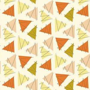 May include: A seamless pattern featuring a variety of triangles in orange, yellow, and pink on a white background. The triangles are outlined with a thin black dashed line.