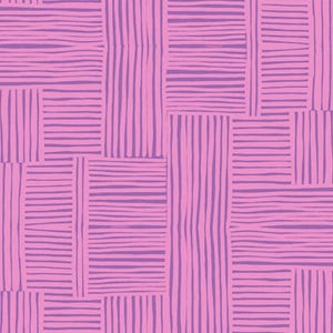 May include: A repeating pattern featuring a patchwork design of pink and purple vertical and horizontal lines. The lines have a hand-drawn quality, creating a textured, artistic look. The color scheme is a vibrant combination of pink and purple.