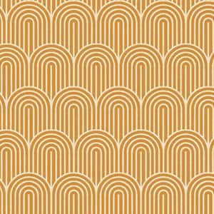 May include: A repeating pattern of arched shapes in shades of gold and cream. The design features rows of rounded arches, each outlined with thin, vertical lines, creating a textured, retro aesthetic. The pattern is symmetrical and covers the entire surface.