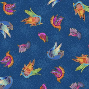 Clothworks FANTASTICATS by Laurel Burch Birds Blue