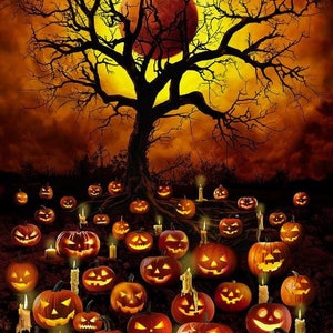May include: A spooky Halloween scene with a bare tree silhouetted against a red moon and a field of glowing jack-o'-lanterns with lit candles.