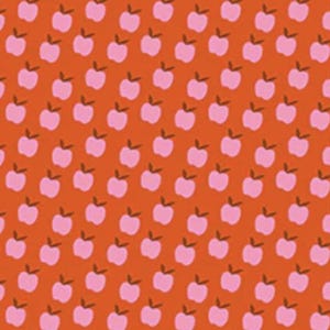 May include: An orange background is covered with a repeating pattern of pink apples with brown stems and leaves. The apples are evenly spaced and create a playful, cheerful design. This pattern is suitable for fabric, wallpaper, or other decorative applications.