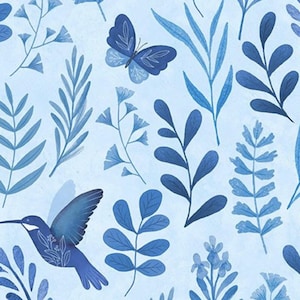 May include: A light blue illustration featuring a repeating pattern of blue leaves, a butterfly, and a hummingbird. The leaves vary in shape and size, with some resembling ferns. The butterfly and hummingbird are detailed with intricate wing patterns.