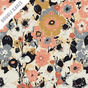 May include: A floral print fabric with a peach background and a variety of flowers in shades of pink, blue, yellow, and black. The fabric is labeled "Double Gauze".
