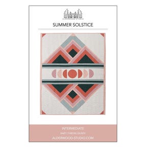 May include: A quilt pattern titled "Summer Solstice" with geometric designs in pink, teal, and coral. The pattern includes the text "Intermediate" and "Baby | Throw | Queen". The Alderwood Studio logo is at the top.