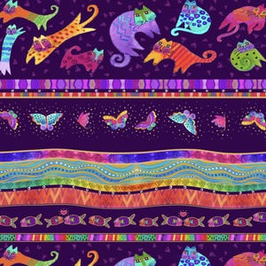 Clothworks FANTASTICATS by Laurel Burch Pictorial Stripe Dark Purple Gold (METALLIC)