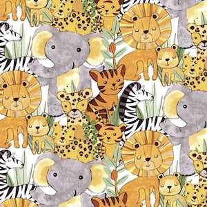 May include: A repeating pattern of cartoon safari animals including lions, tigers, zebras, elephants, and leopards. The animals are in shades of yellow, orange, gray, and black, set against a white background with green foliage.