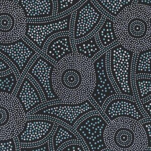 May include: A dark fabric featuring a repeating pattern of circular motifs created with small white, light blue, and teal dots. The design consists of interconnected lines and clusters of dots arranged in a dense, rhythmic, and geometric composition.