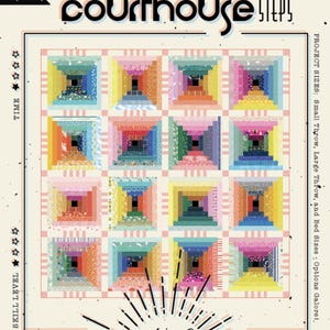 May include: A quilting pattern for a scrappy courthouse steps quilt. The pattern includes instructions for making a small throw, large throw, and bed-sized quilt. The pattern is labeled as FQ Friendly, F8 Friendly, and Scrap Friendly. The pattern is designed by Caralee Quiltery.