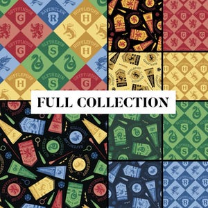 May include: A collection of patterned fabric swatches featuring the Hogwarts houses: Gryffindor, Ravenclaw, Hufflepuff, and Slytherin. Each design incorporates house colors, crests, and text. The words "FULL COLLECTION" are displayed in a white rectangle.