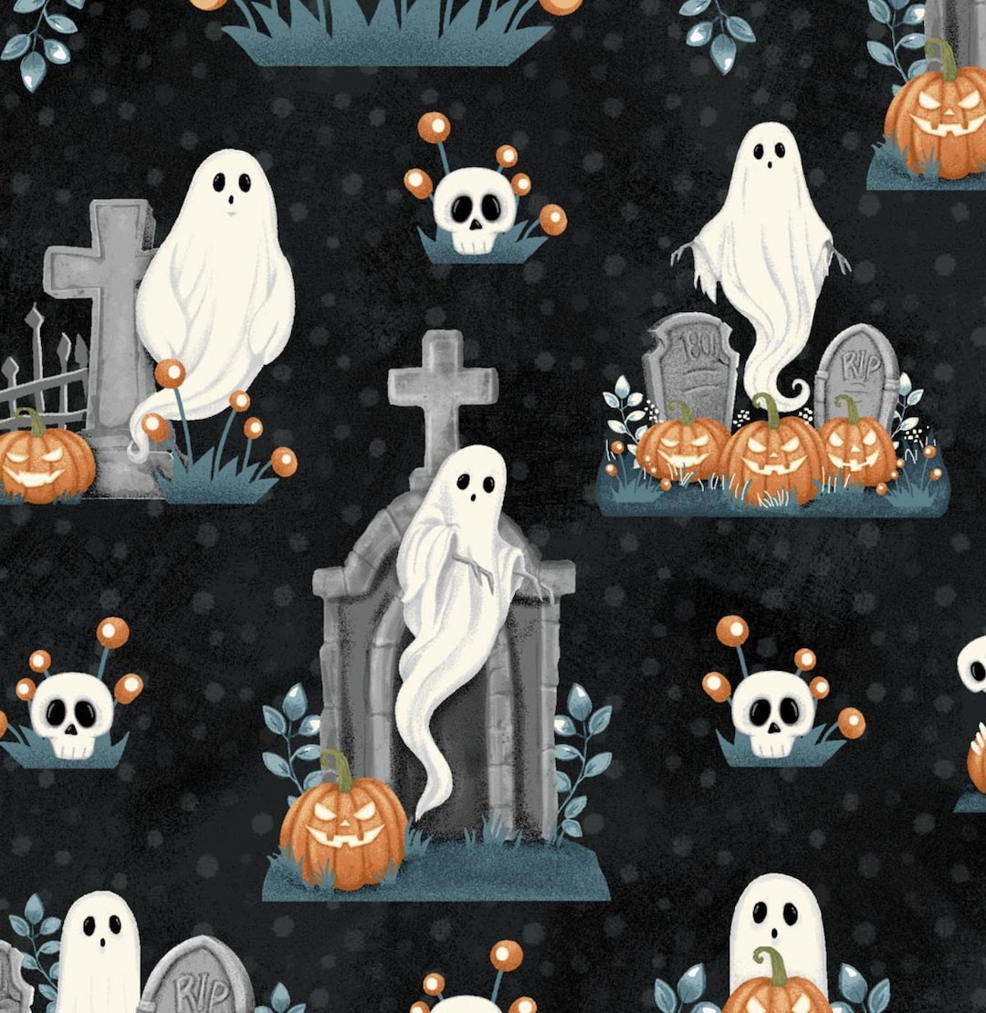 Henry Glass GHOSTS in the GRAVEYARD All Over Ghosts Pumpkins Skulls ...