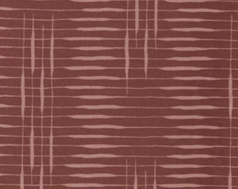 May include: A fabric featuring a deep reddish-brown background with a repeating pattern of thin, horizontal and vertical lines in a lighter, muted pinkish-tan hue. The lines vary slightly in thickness and length, creating a grid-like texture.