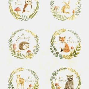 May include: Watercolor illustrations featuring woodland animals and inspirational phrases. The image includes an owl, rabbit, hedgehog, fox, deer, and raccoon, each within a leafy wreath. Text includes "You Are Loved" and "You Are Cherished".