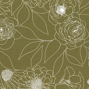 May include: A seamless pattern featuring white line drawings of flowers and leaves on a muted olive green background.