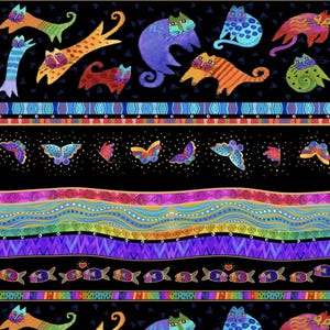Clothworks FANTASTICATS by Laurel Burch Pictorial Stripe Black Gold (METALLIC)
