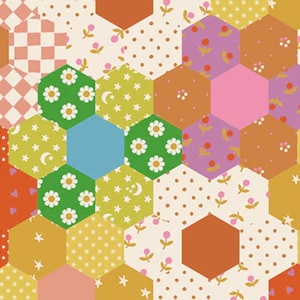 May include: A colorful patchwork pattern featuring a variety of hexagonal shapes. The design incorporates floral, polka dot, and geometric patterns in shades of pink, orange, yellow, green, and blue. The overall aesthetic is cheerful and whimsical.